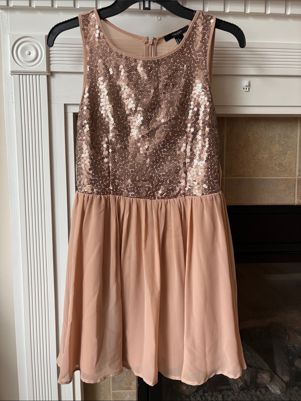 Womens Forever21 Dress Size S Tan Sheer Front Sequins Sleeveless Back Zipper